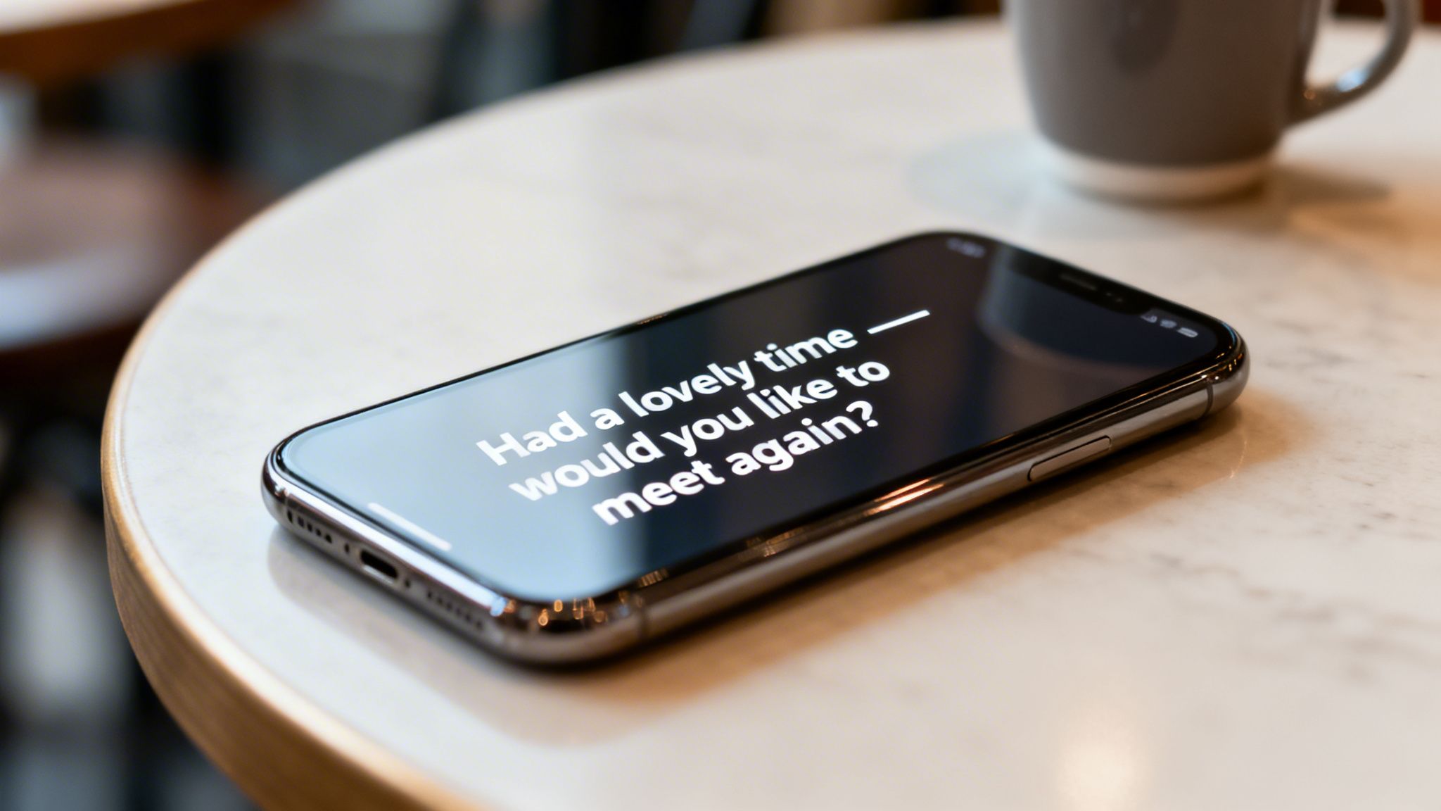 Smartphone on a marble table displays a follow-up message after a first date, asking to meet again.