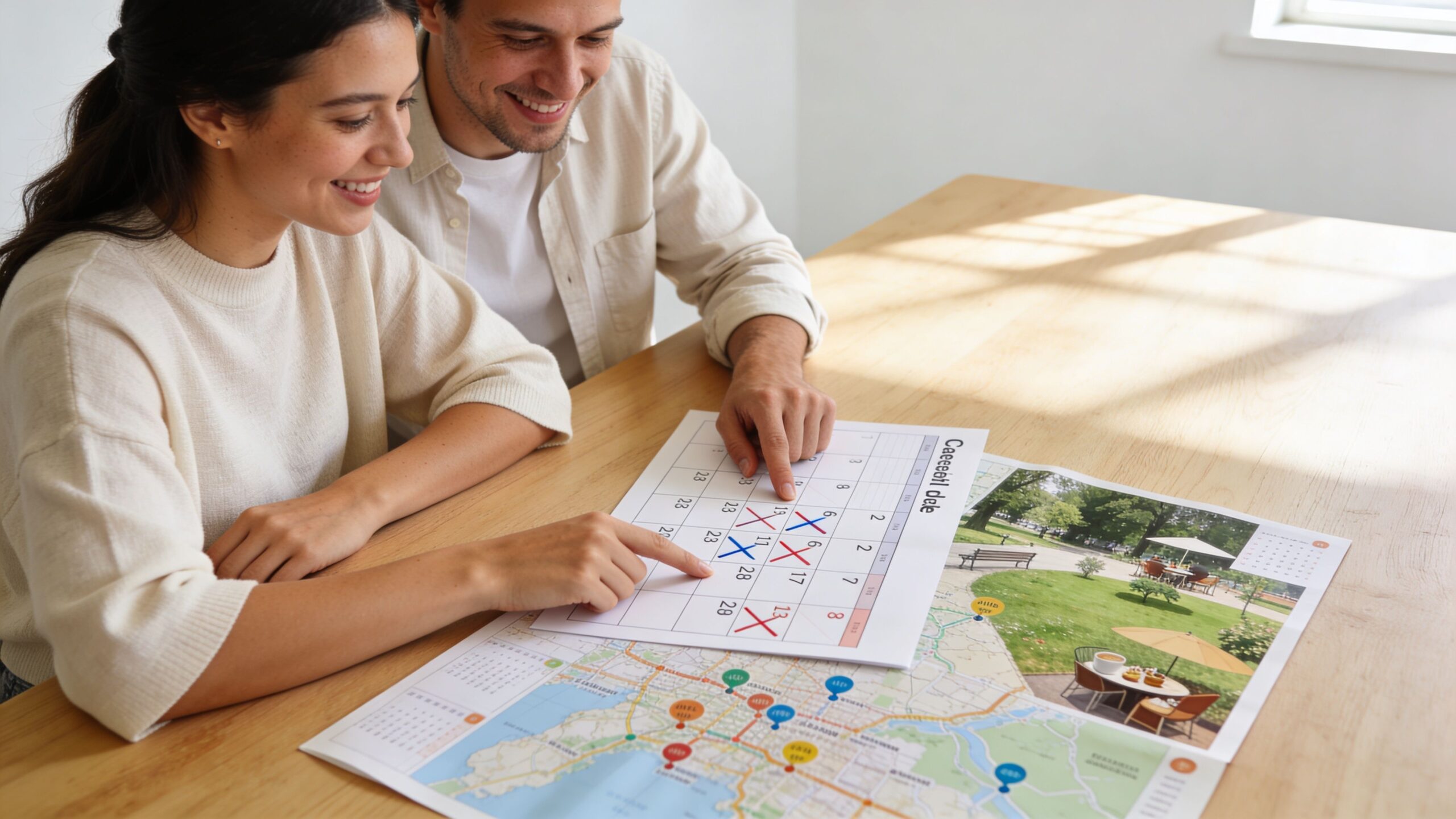 A happy couple plans their schedule together by marking dates on a calendar placed on a table.