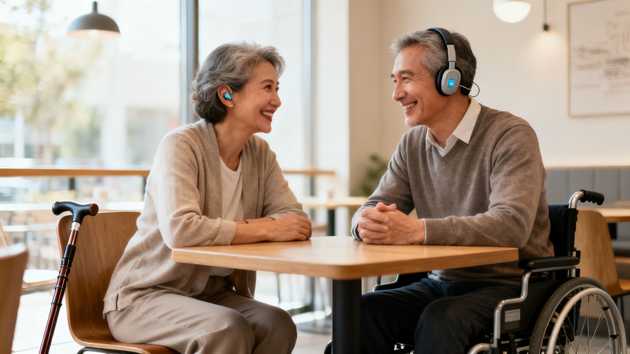 Elderly Asian couple smiling in a cafe; woman wears earplugs, man in wheelchair wears headphones, with a cane.