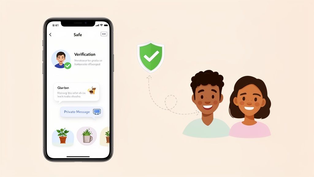 Smartphone app displaying verification features and private messaging, alongside diverse cartoon individuals and a security shield.