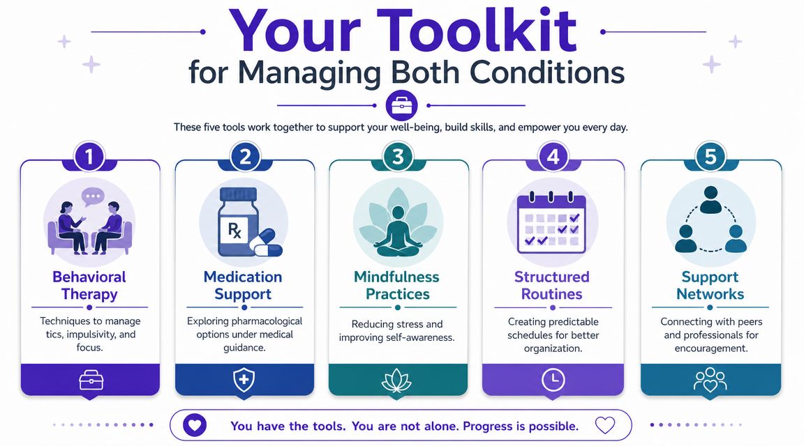 An infographic titled Your Toolkit for Managing Both Conditions illustrating five key methods for treatment and support.