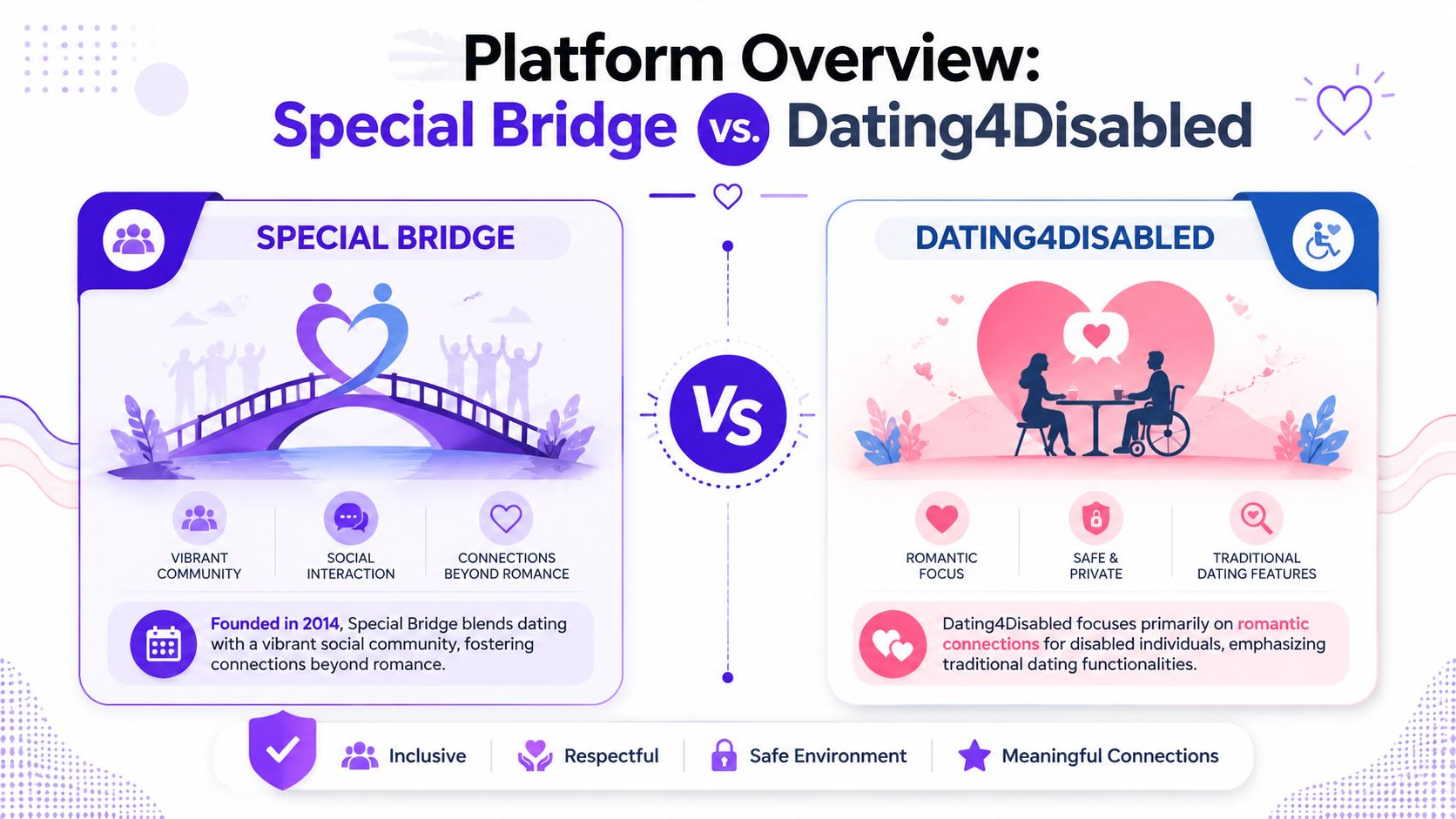 A comparison infographic highlighting the differences between Special Bridge and Dating4Disabled platforms for inclusive dating.