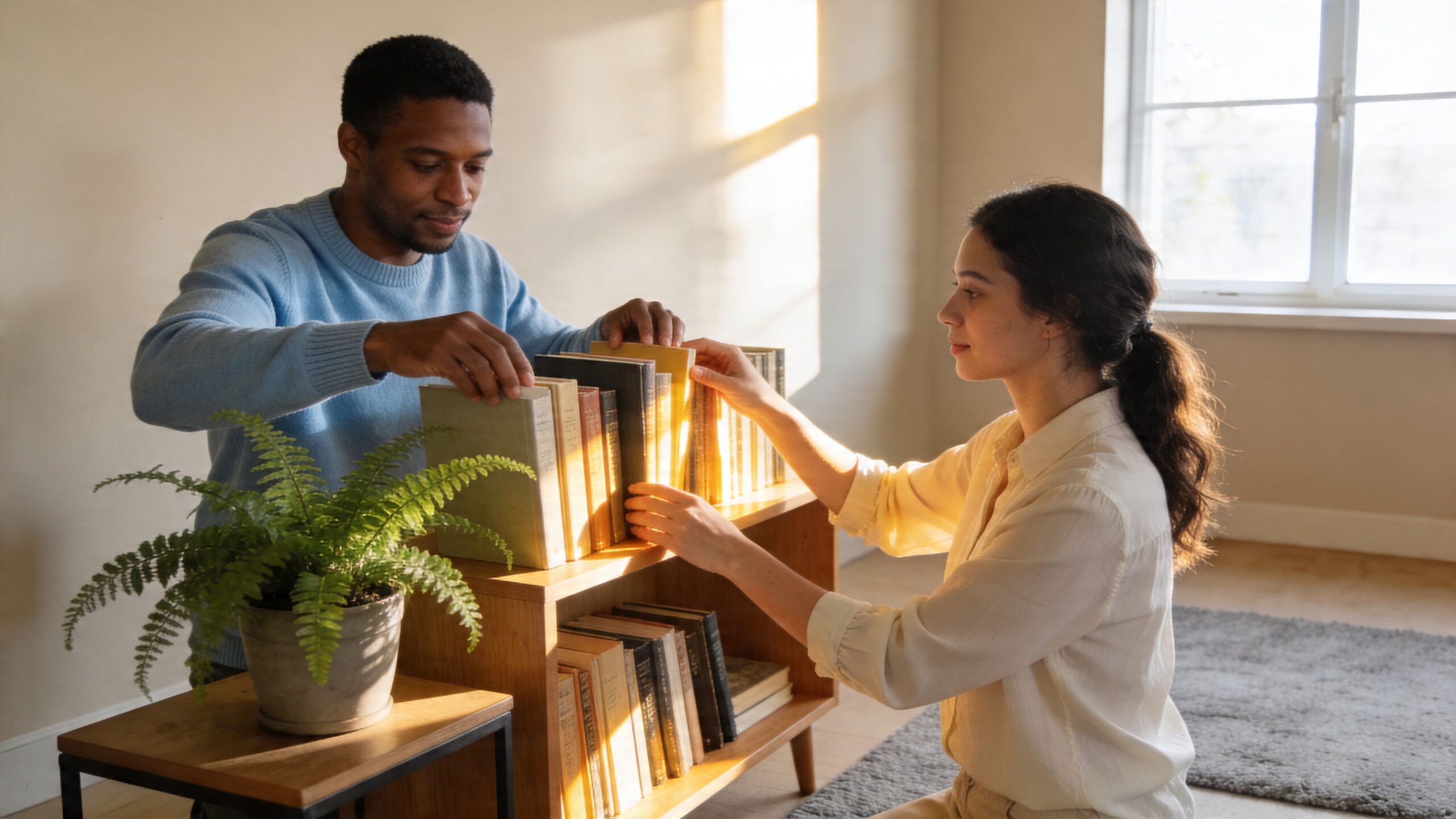 A couple working together to organize a collection of books on wooden shelves in a sunlit room.