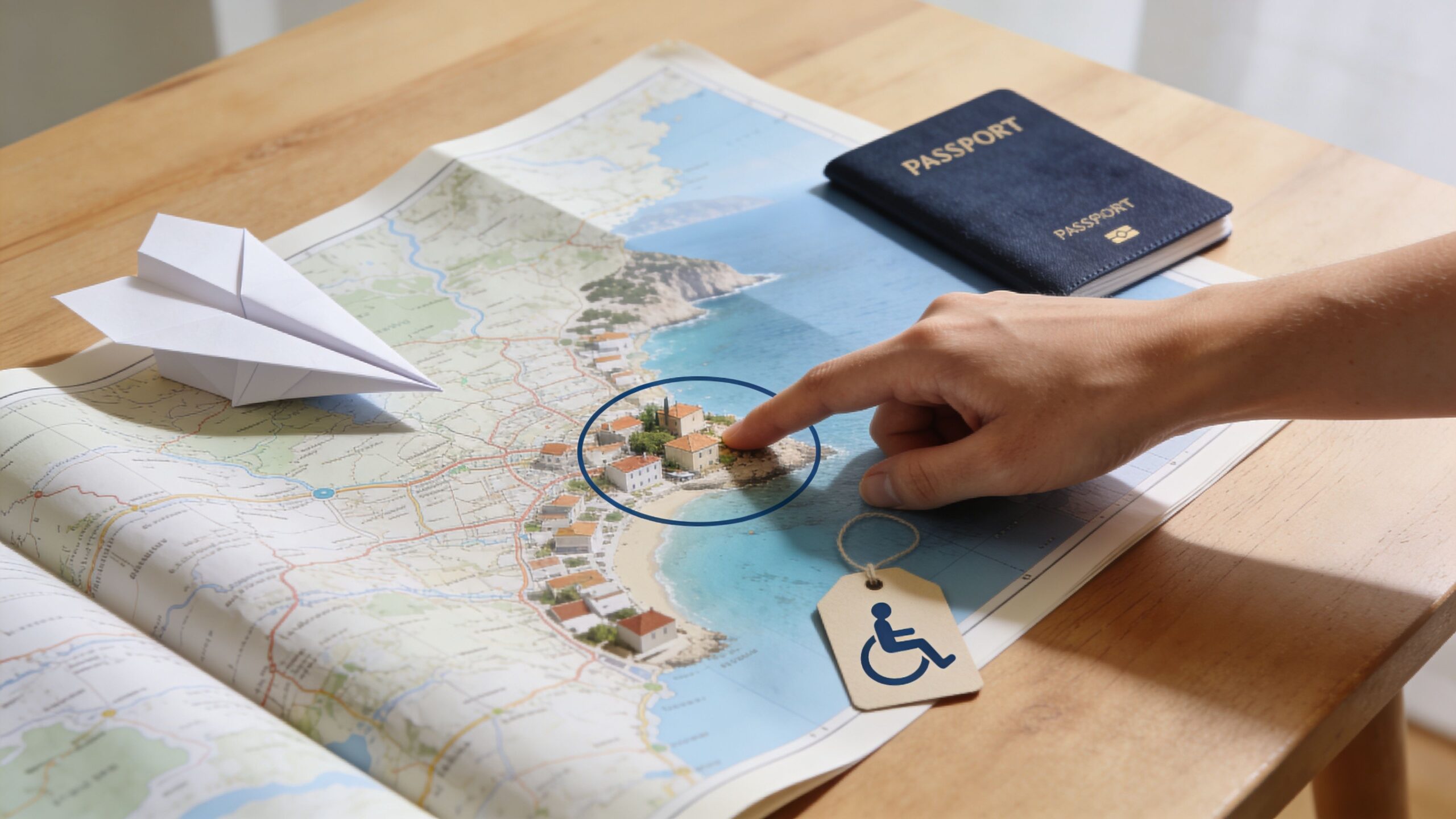 A person pointing to a coastal town on a travel map near a passport and accessibility tag.