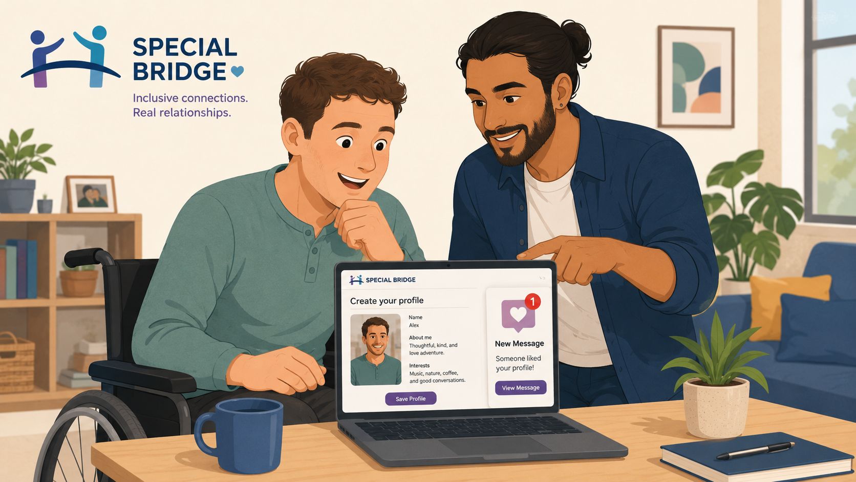 A person in a wheelchair and a friend looking at a dating profile on a laptop.