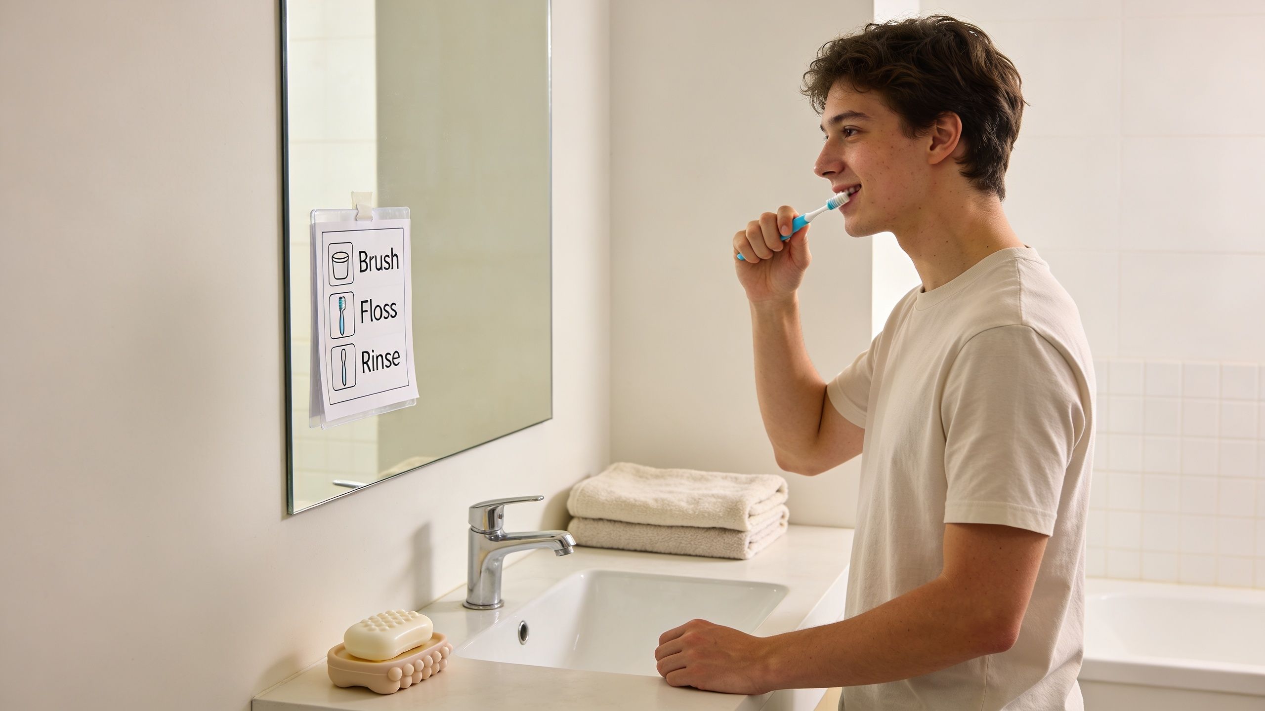 A young man brushes his teeth in front of a mirror with a visual checklist for oral hygiene.