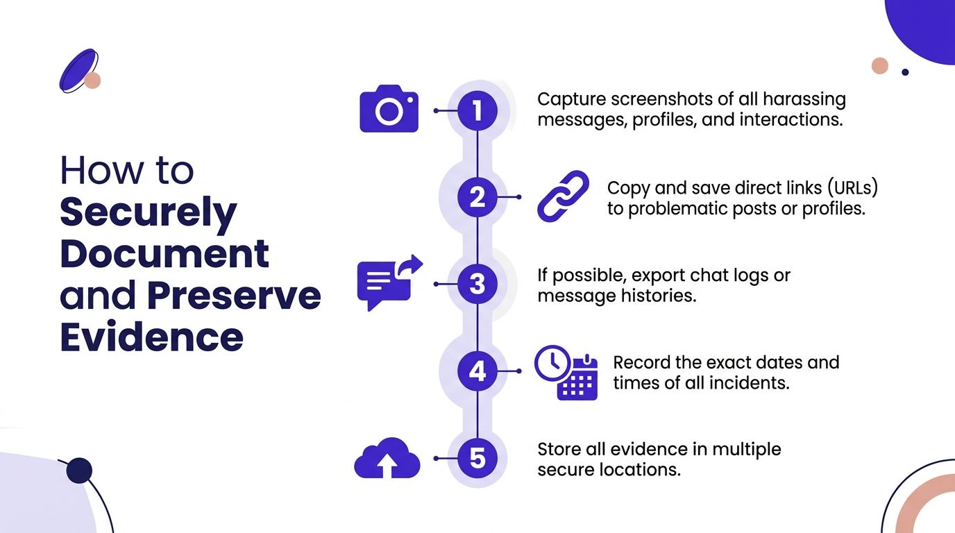 A step-by-step infographic on how to securely document and preserve evidence of online harassment.