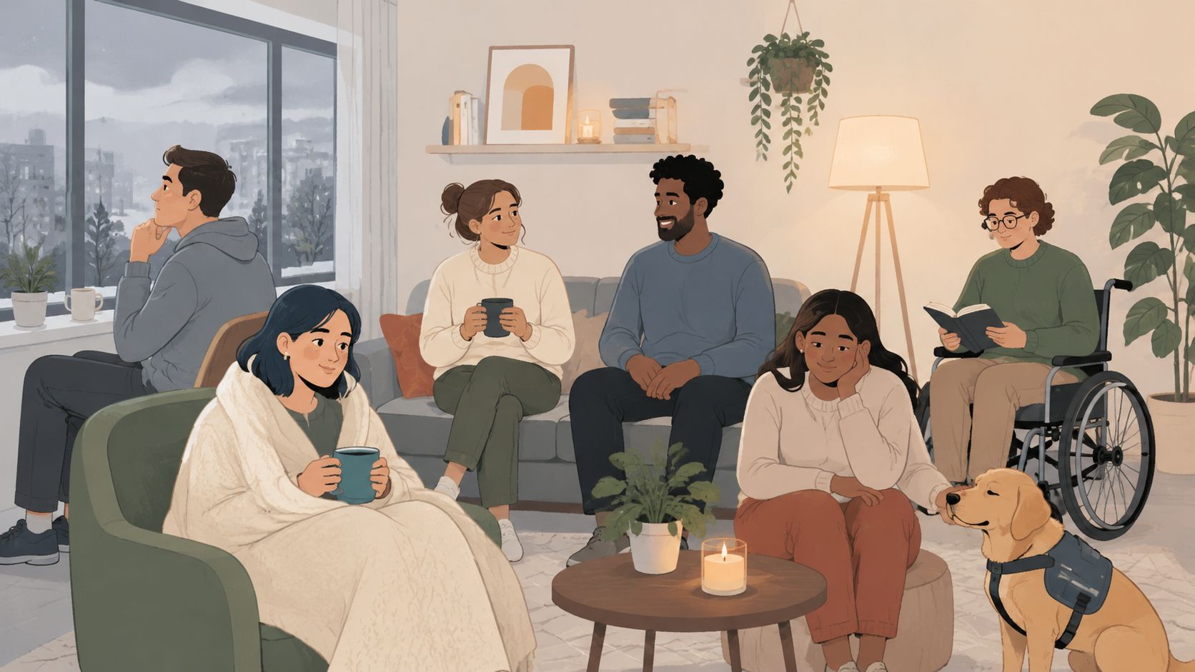 A diverse group of friends relaxing indoors together in a cozy living room during wintertime.
