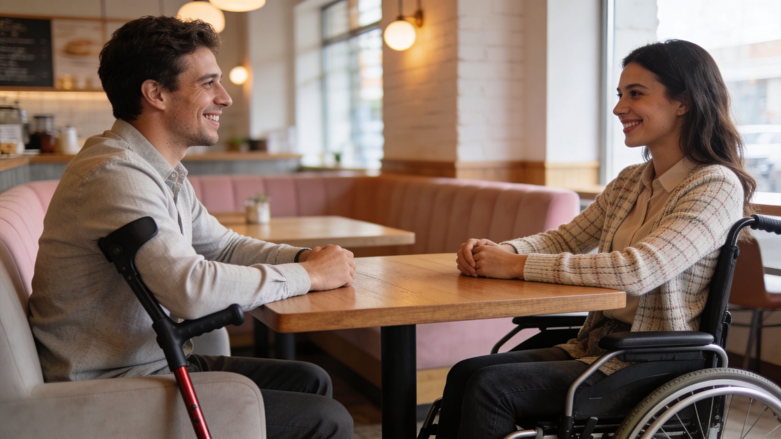 A man using a crutch and a woman in a wheelchair smiling while talking in a cafe.