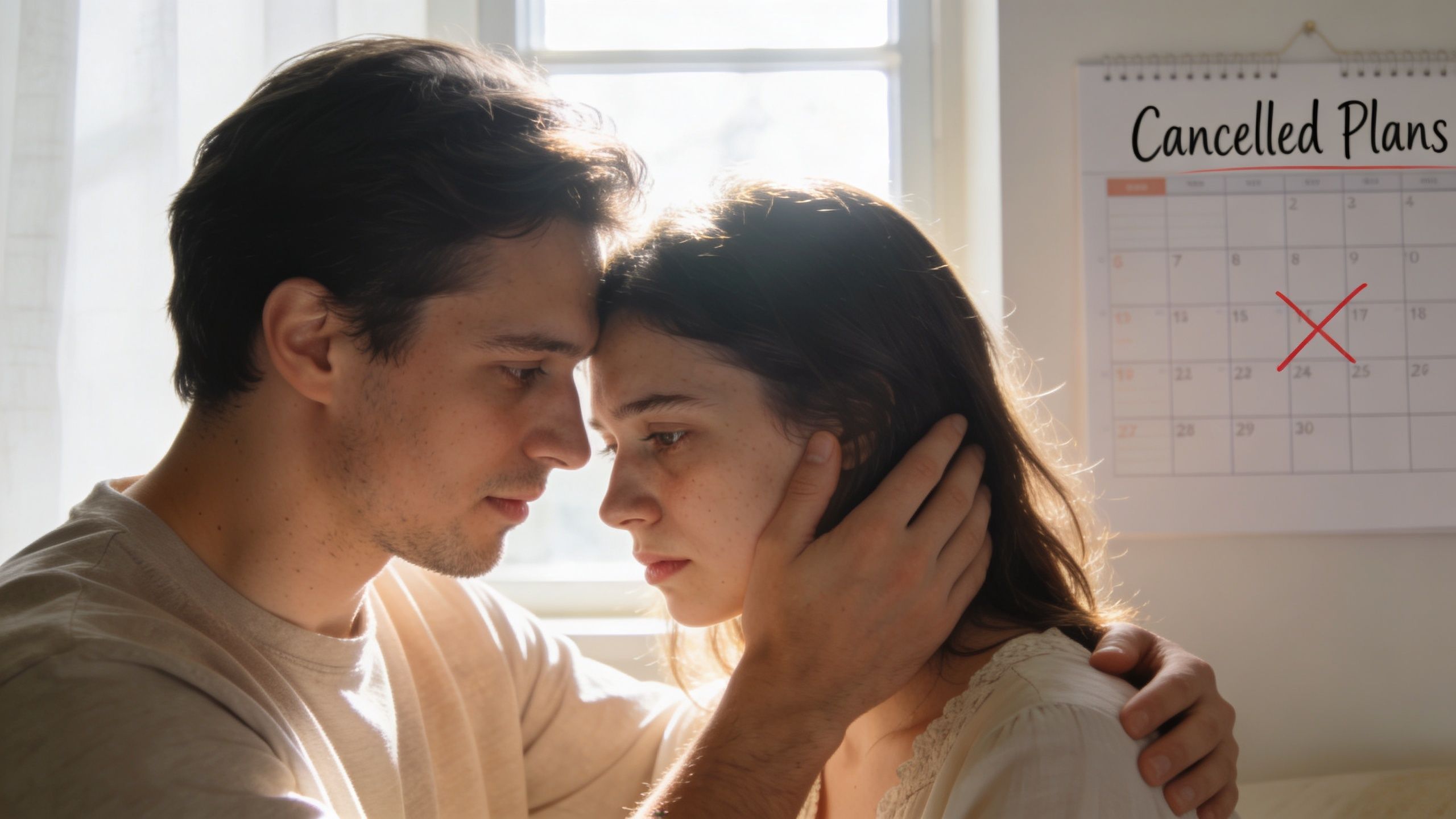 A caring man comforts his visibly sad partner while a calendar marked Cancelled Plans hangs nearby.