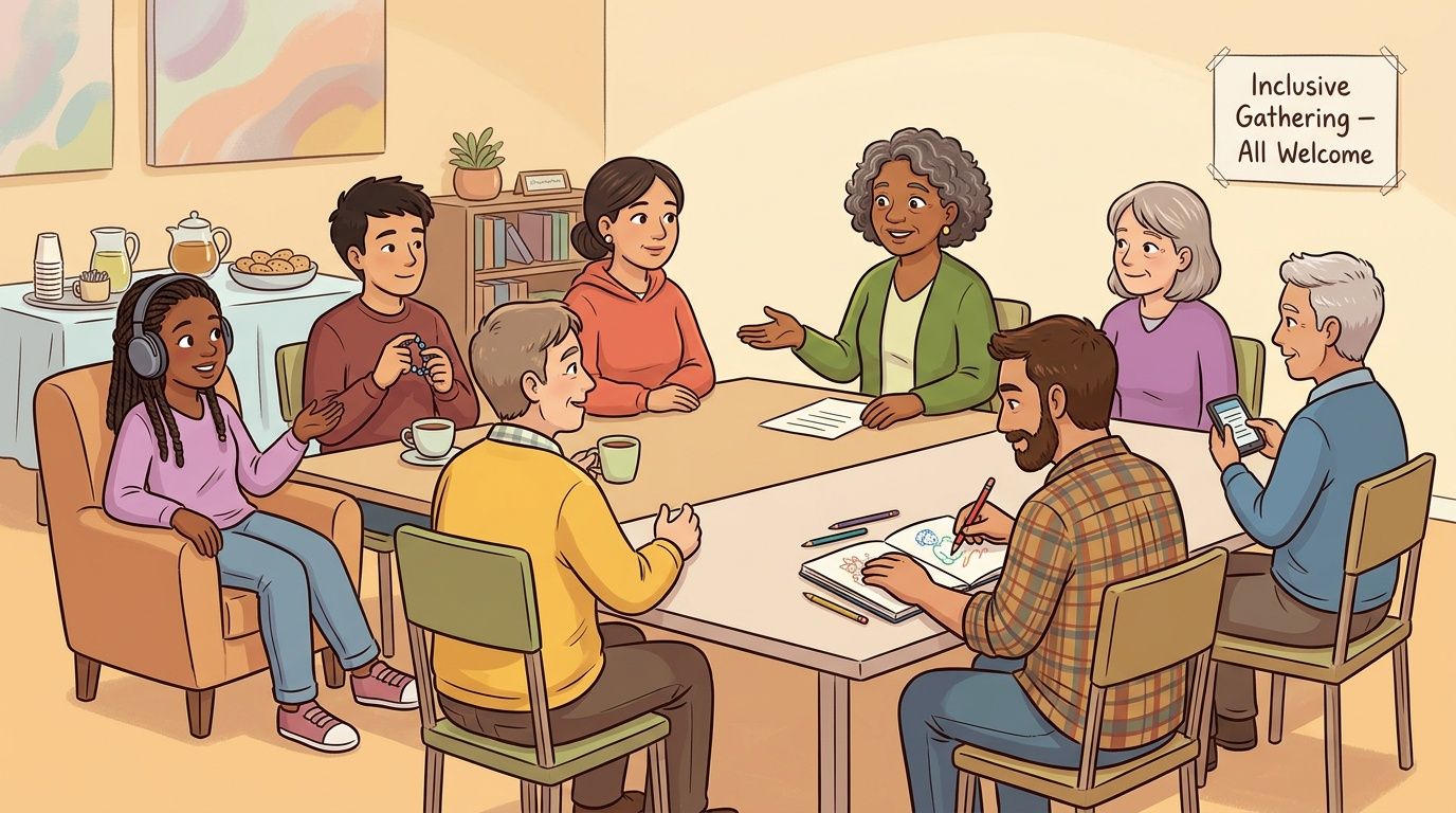 A diverse group of adults sitting around a table having an inclusive social gathering for community connection.