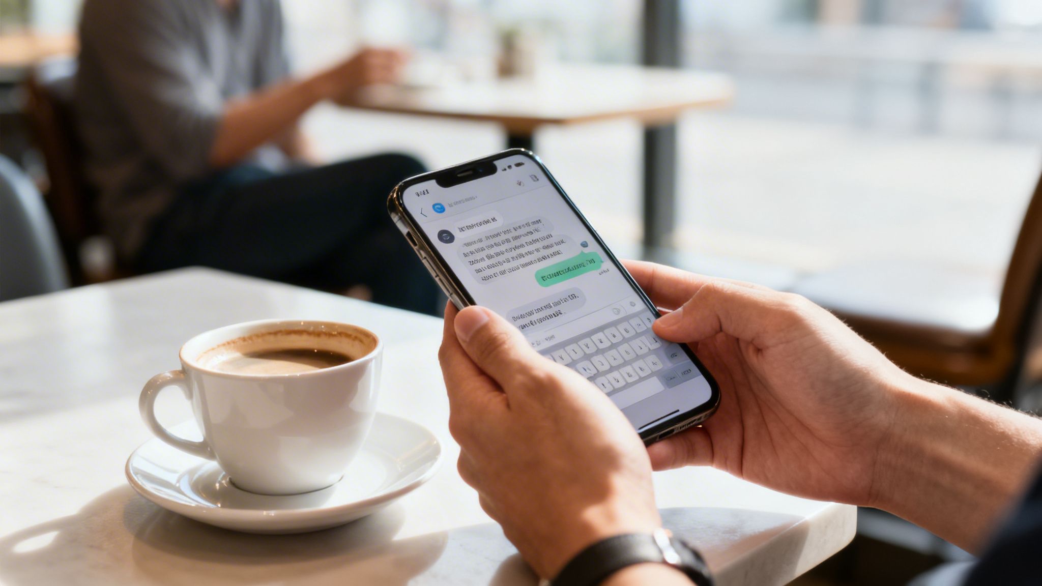 A person holds a smartphone, texting in a cafe with a cup of coffee on a white table.
