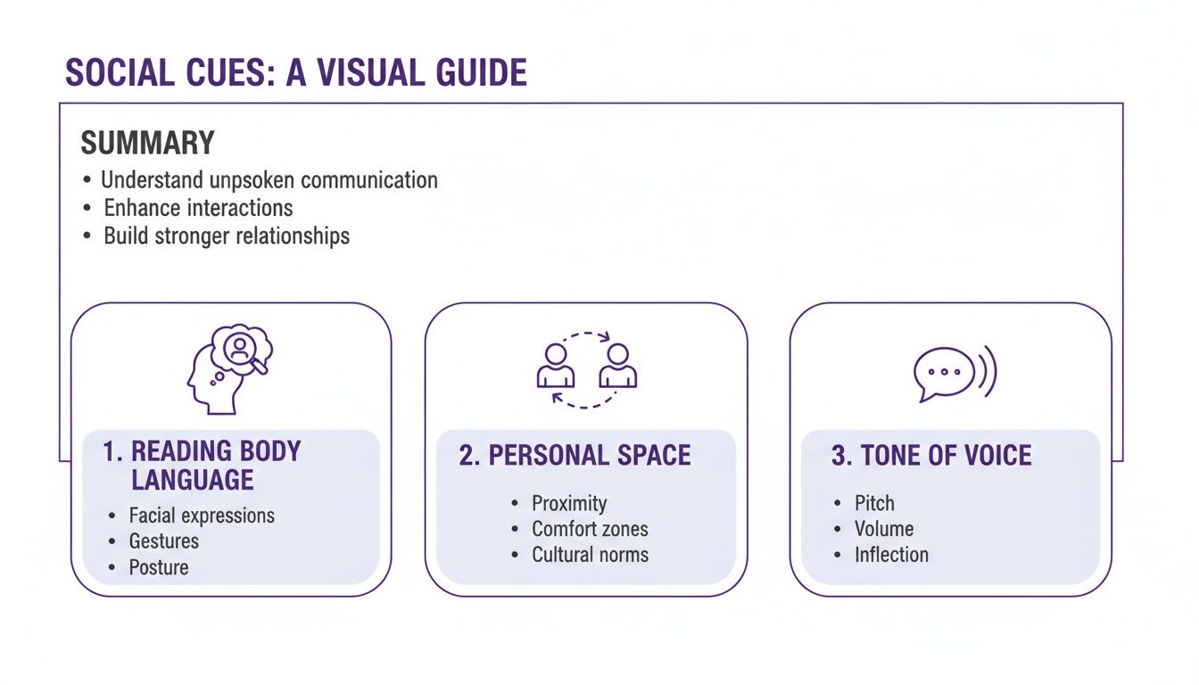 Infographic titled 'Social Cues: A Visual Guide' detailing body language, personal space, and tone of voice.