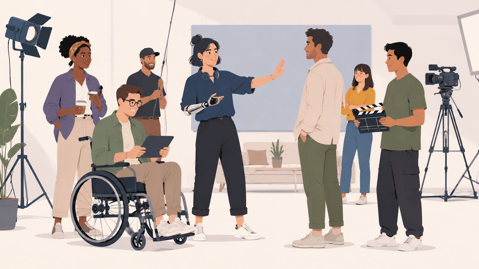A diverse production crew filming an actor on a professional studio set with inclusive representation.