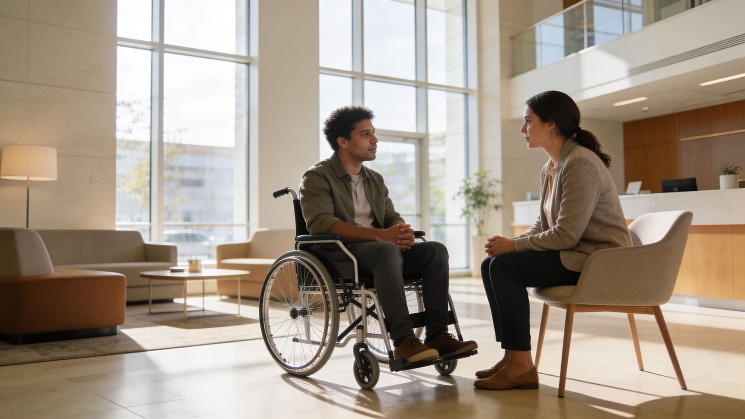 A person in a wheelchair having a professional conversation with a colleague in a bright office lobby.