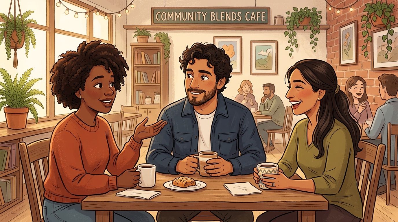 A diverse group of friends enjoying coffee and conversation inside a cozy, plant-filled local cafe setting.