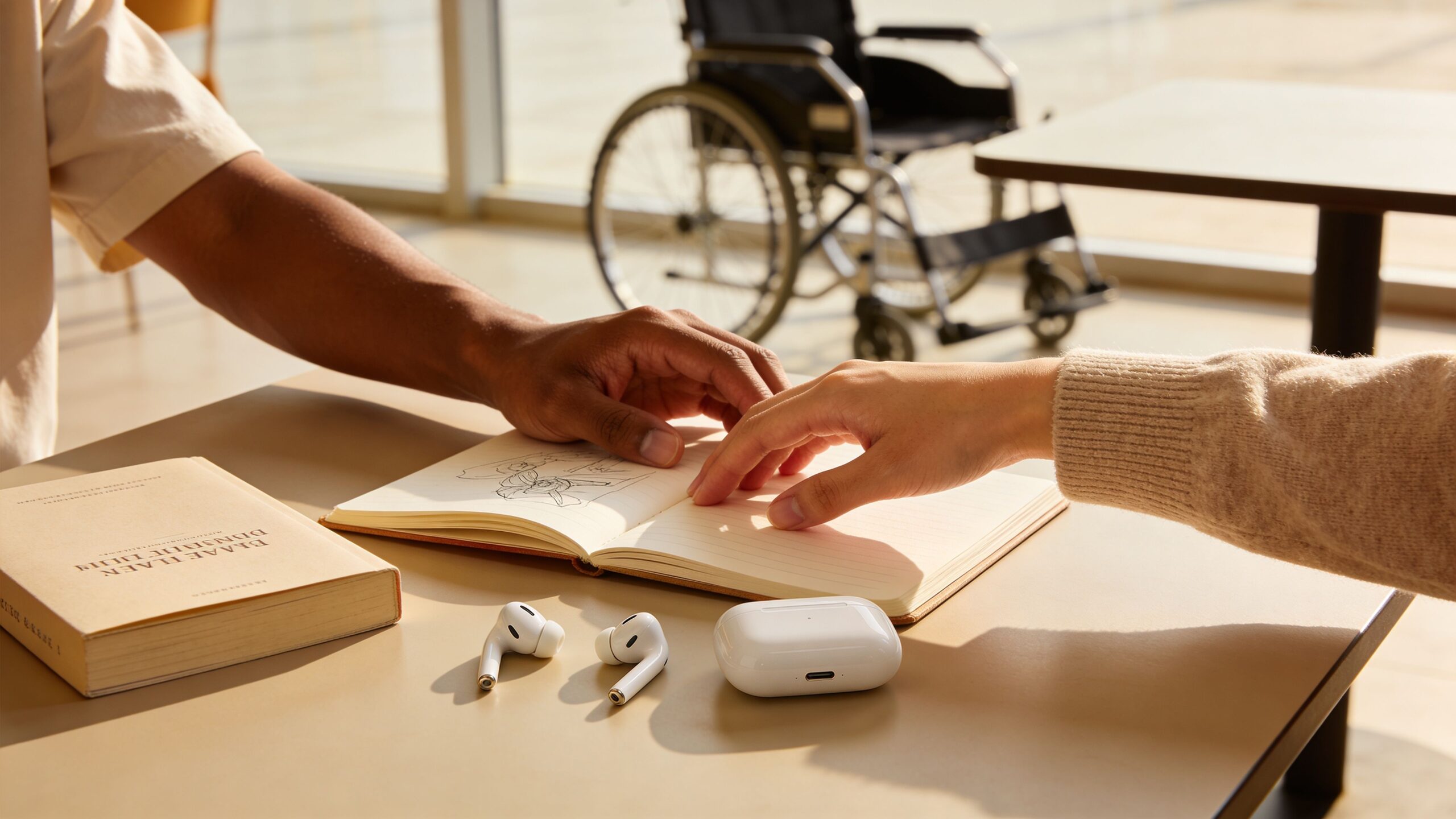 A close-up view of two people sharing a quiet moment, holding hands over an open sketchbook on a table.