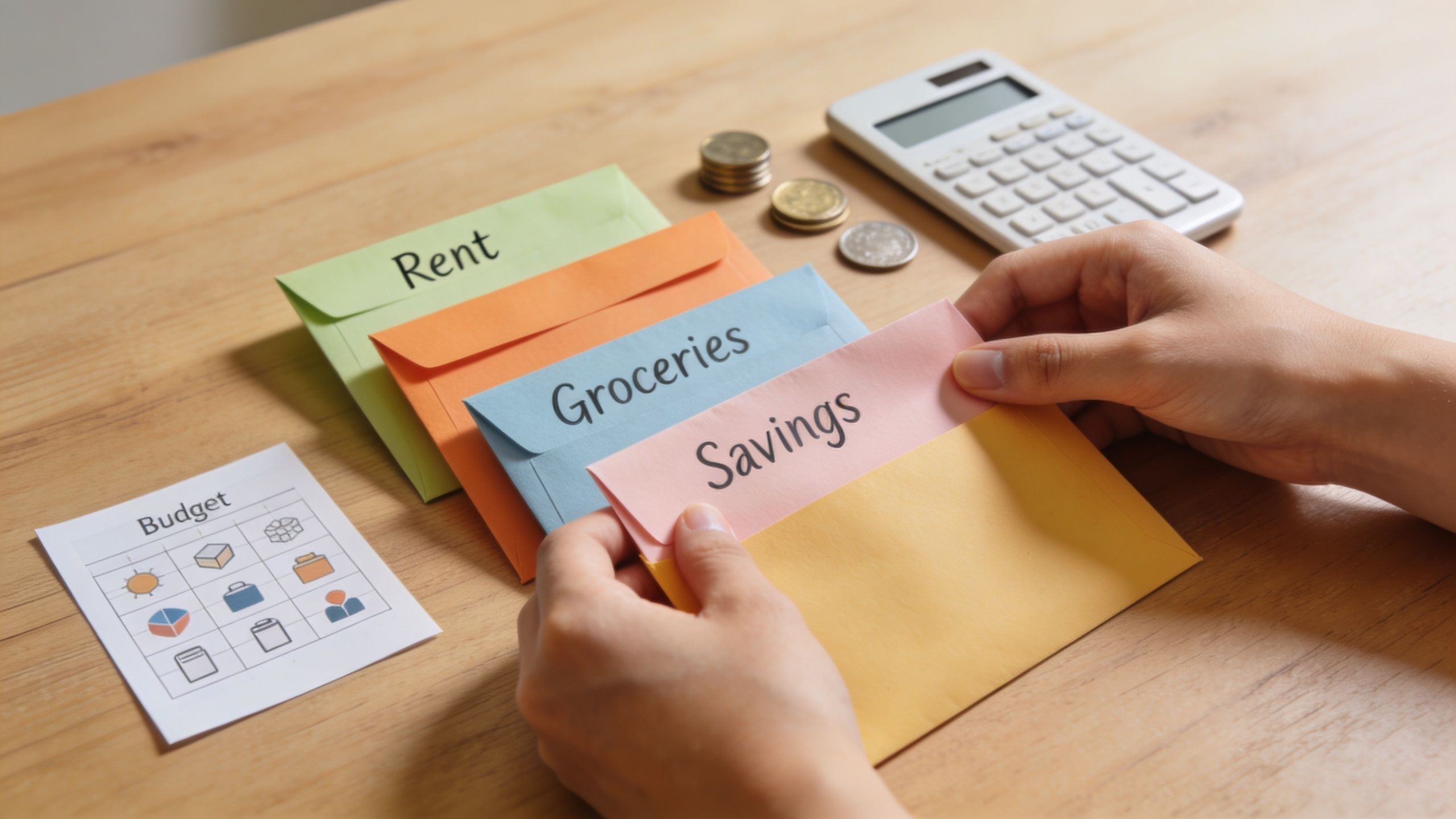 A person organizing money into labeled envelopes for rent, groceries, and savings to manage their monthly budget.