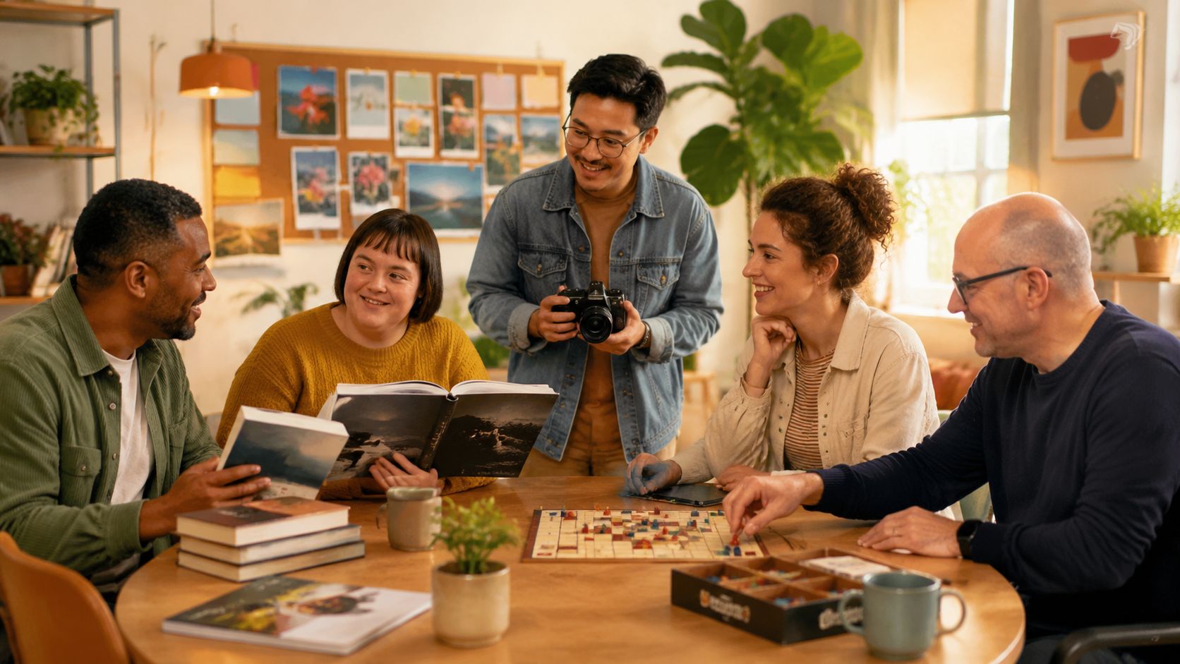 A diverse group of adults sitting around a wooden table sharing hobbies like board games and books.