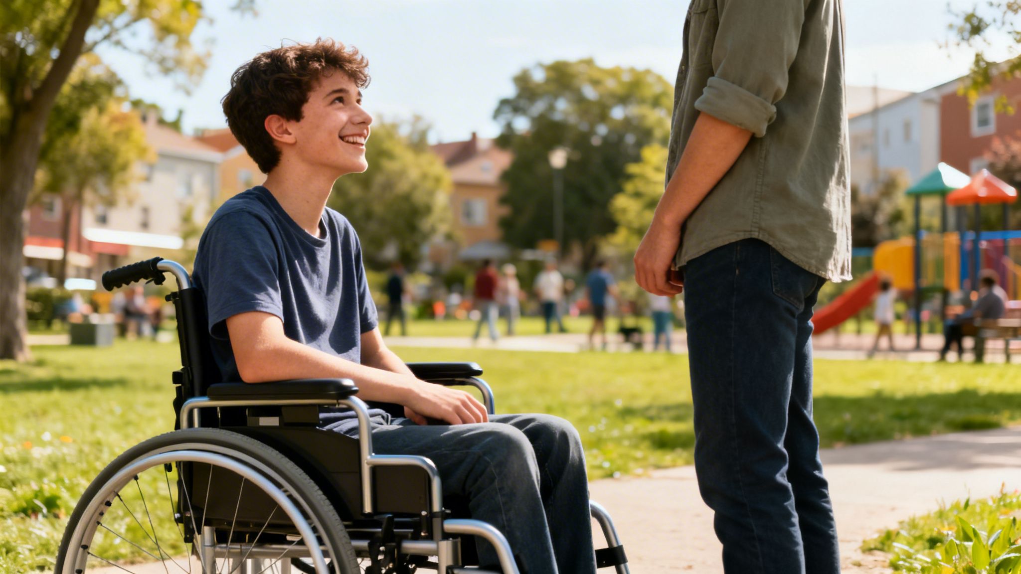 A smiling teenage boy sitting in a wheelchair looking up at a friend standing in a park.