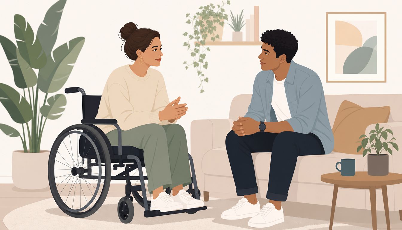 A woman in a wheelchair and a man talking while sitting in a cozy living room.