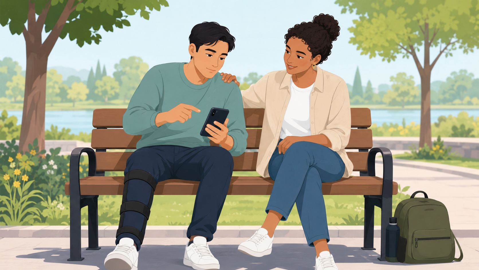 A young couple sits on a park bench looking at a smartphone together, with the man wearing a leg brace.