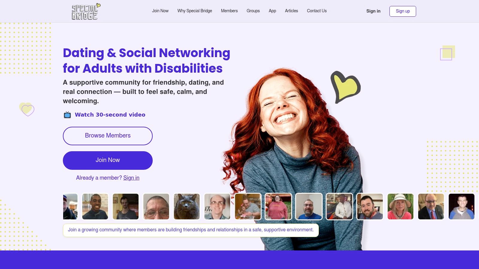 A screenshot of the Special Bridge website showing member profiles and a welcome message, highlighting it as a dating community for adults with disabilities.