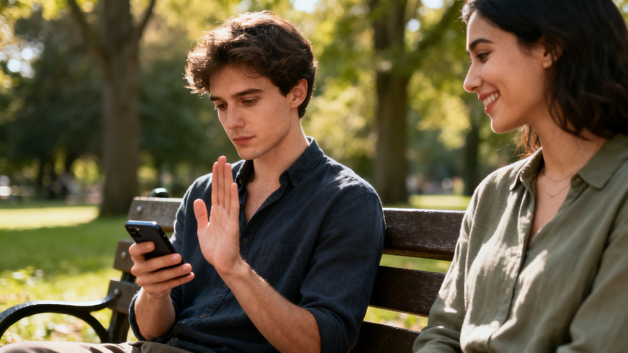 A young man sitting on a park bench raises his hand to set boundaries while using his phone.