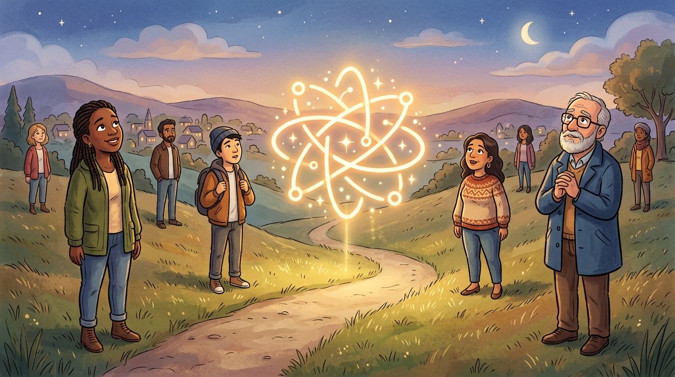 A diverse group of people gathering on a hillside to admire a glowing, celestial scientific symbol.