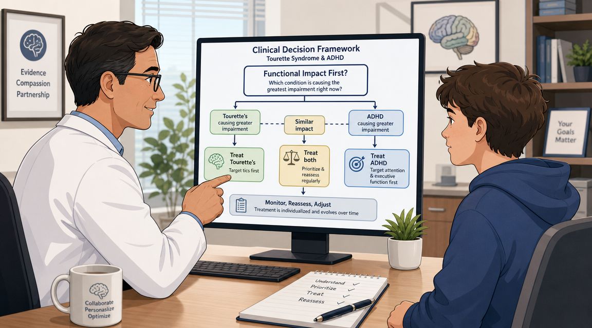 A doctor explaining a clinical decision framework for Tourette syndrome and ADHD to a young patient.