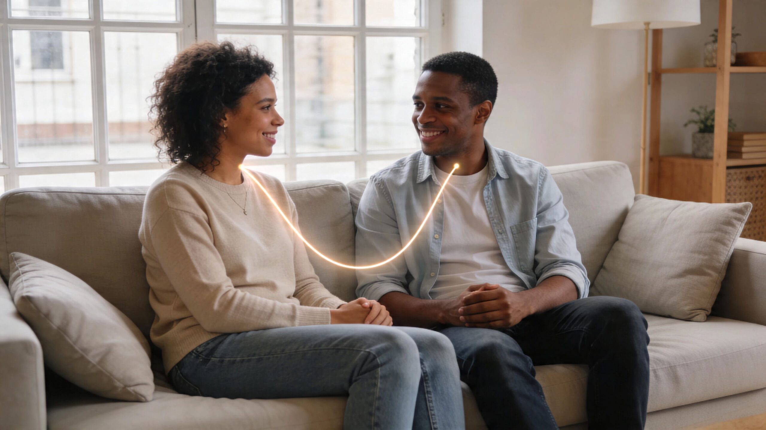 A happy young couple sitting on a sofa and looking at each other during a conversation.