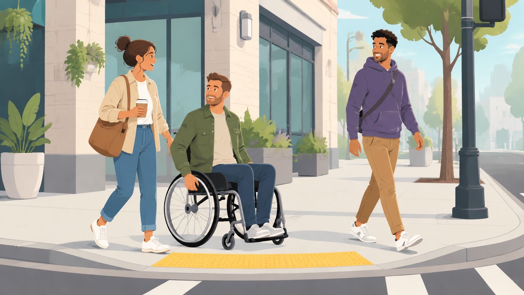 A woman and a man in a wheelchair talking on a sidewalk with a passerby nearby.