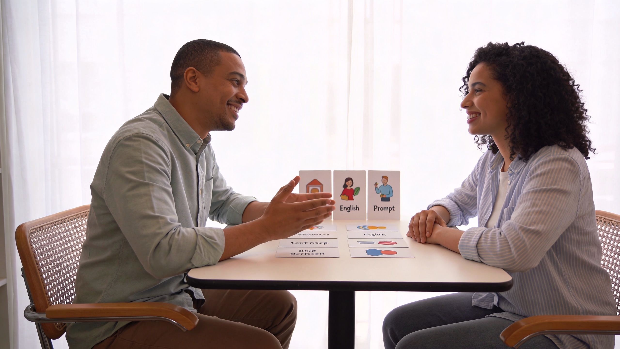 A man and a woman sitting at a table with communication cards during a therapy session.