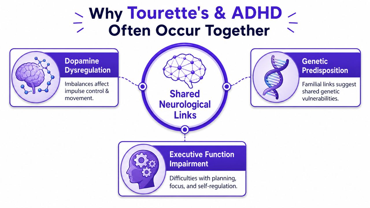 A diagram explaining the shared neurological links between Tourette's syndrome and ADHD, including genetics and dopamine levels.