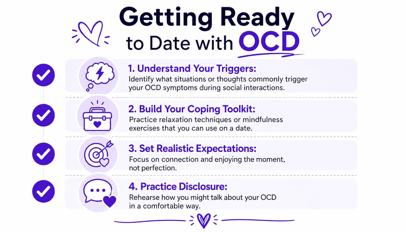 An infographic titled Getting Ready to Date with OCD, featuring four tips with icons.