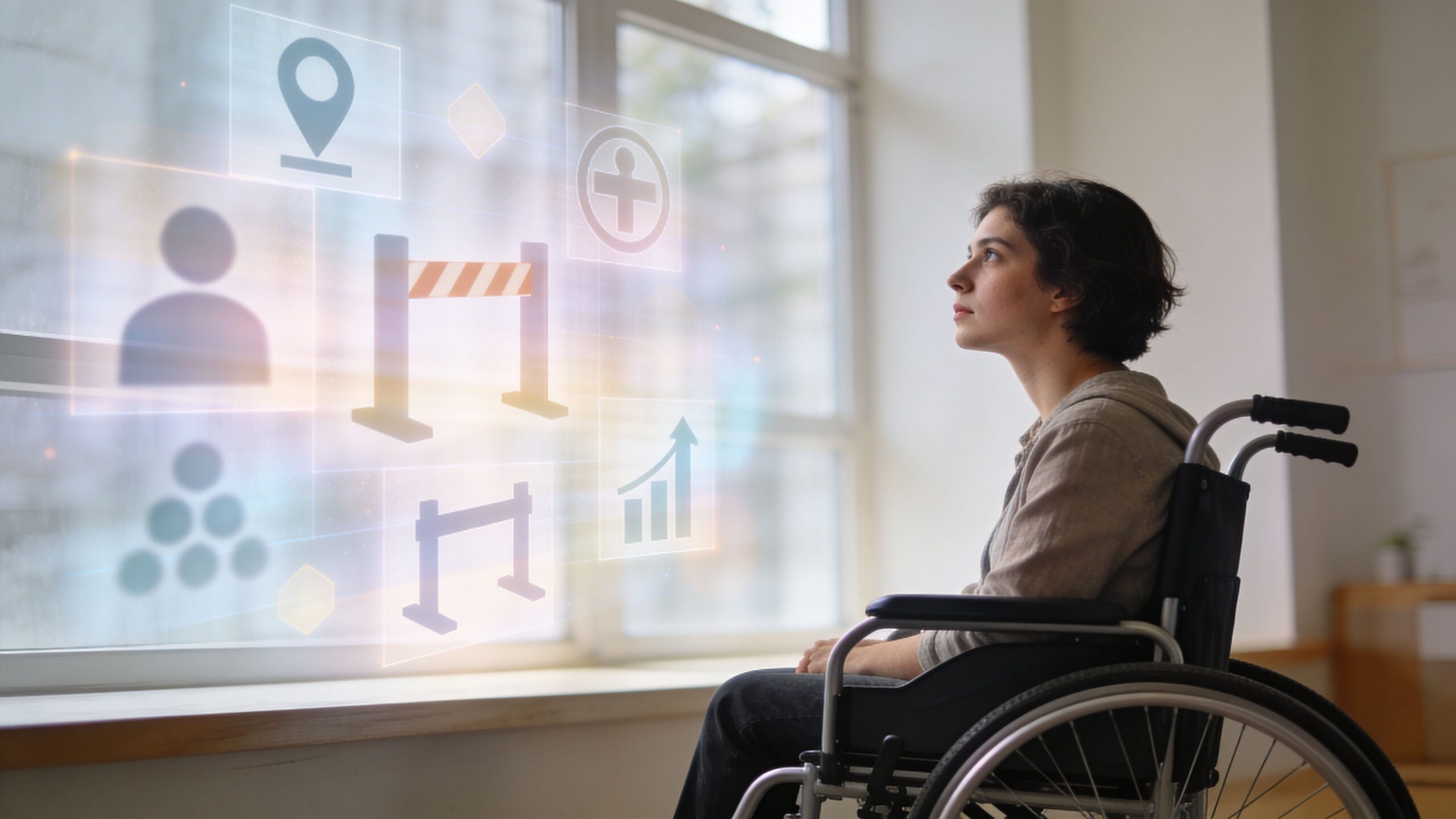 A young person in a wheelchair looking at futuristic digital icons projected on a large window.