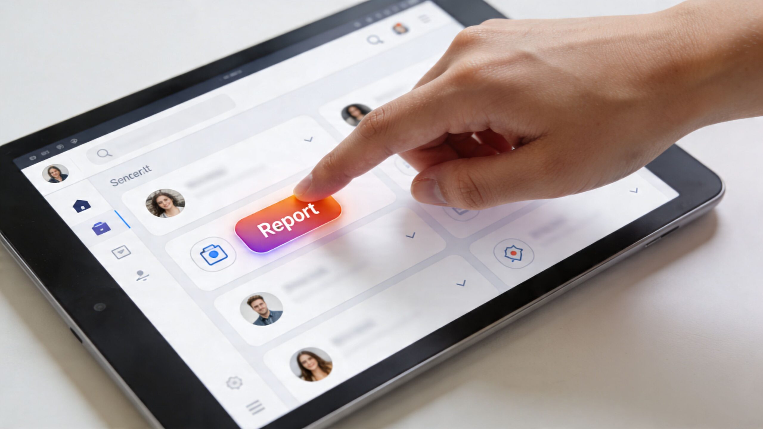 A hand touching a 'Report' button on a tablet screen showing an online management interface dashboard.
