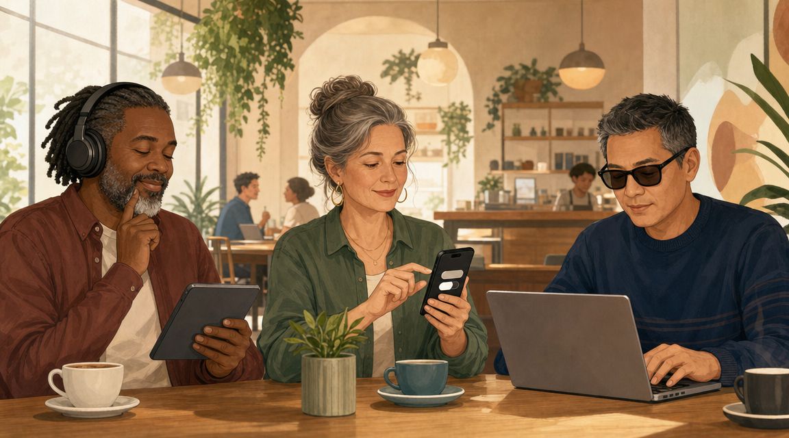 A diverse group of middle-aged adults sitting at a cafe table using digital devices and drinking coffee.