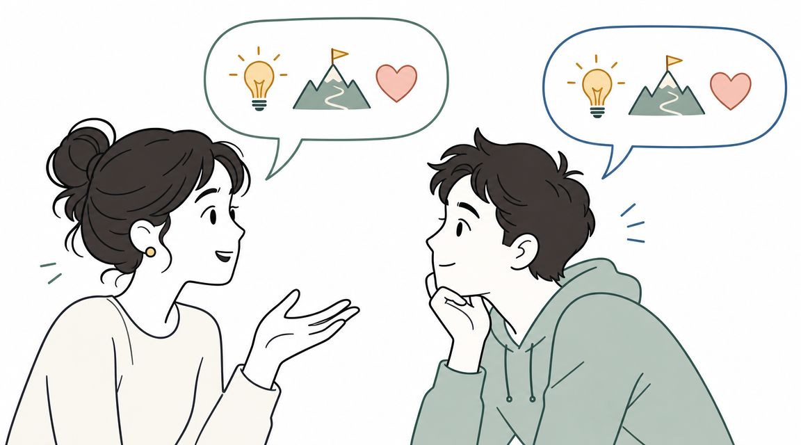 A woman and a man communicating with thought bubbles showing a lightbulb, mountain, and heart icons.