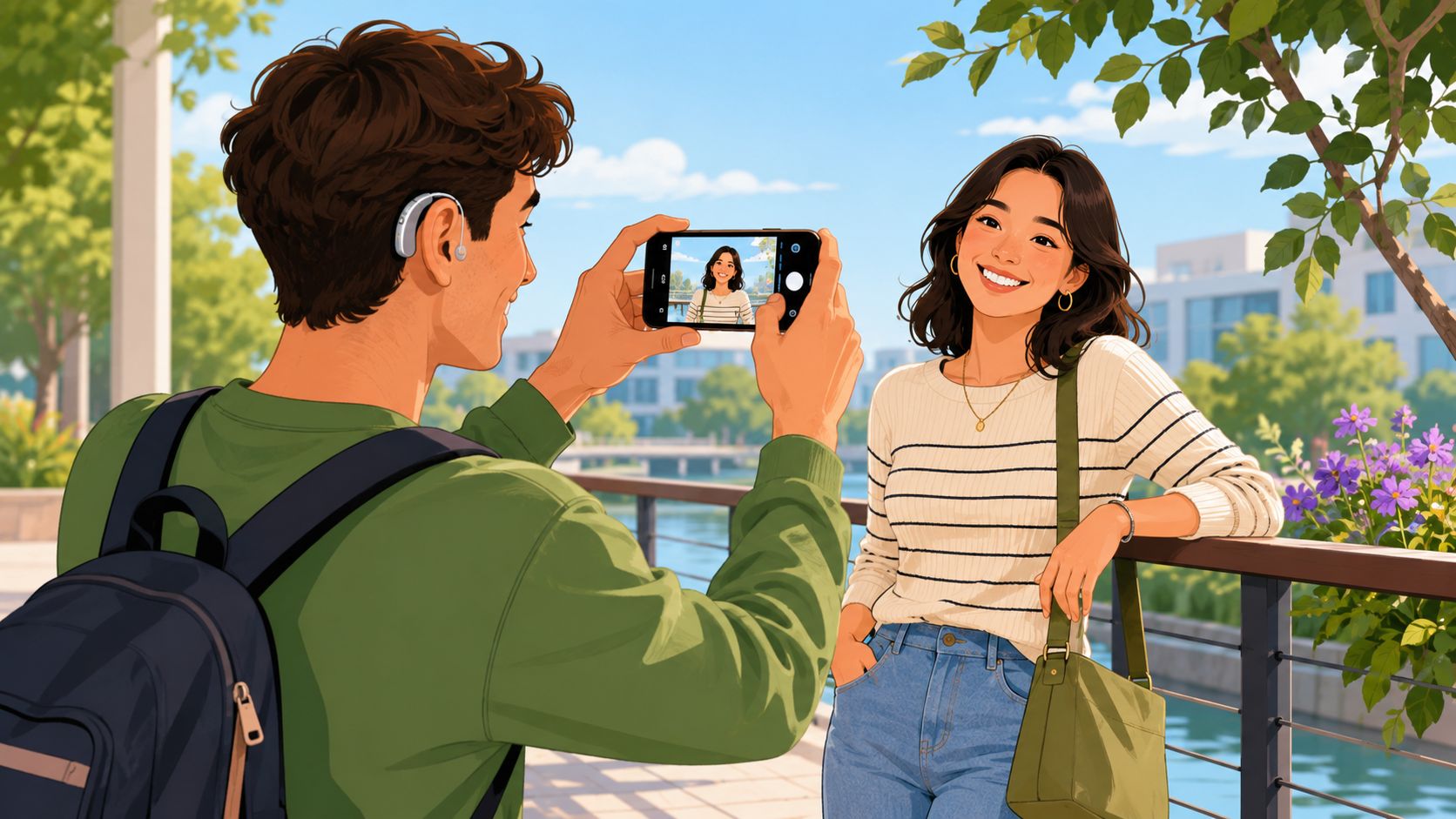 A young man with a hearing aid taking a picture of a smiling woman on a sunny day.