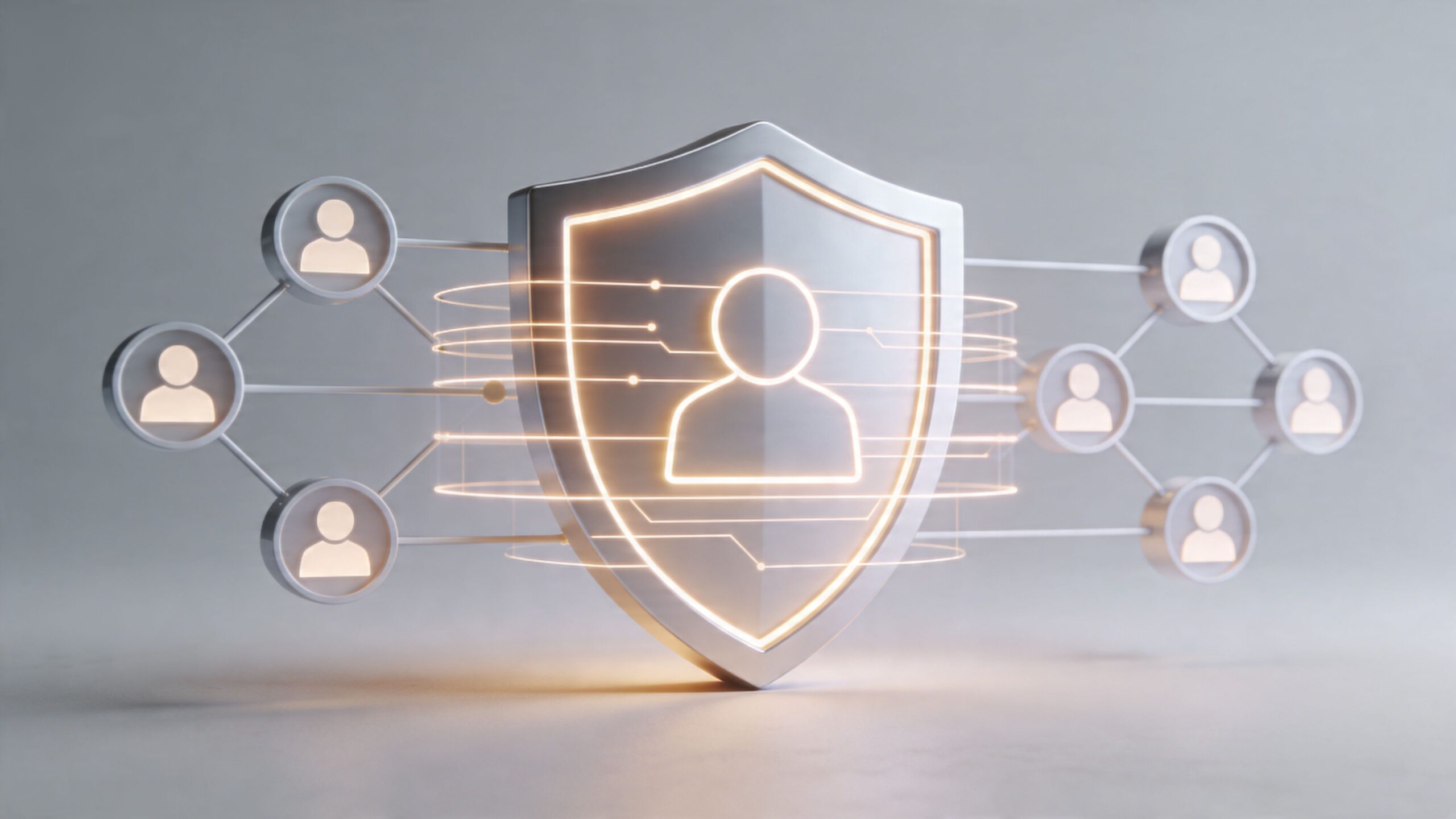 A 3D shield icon protecting a user profile symbol, representing digital security and online identity protection.
