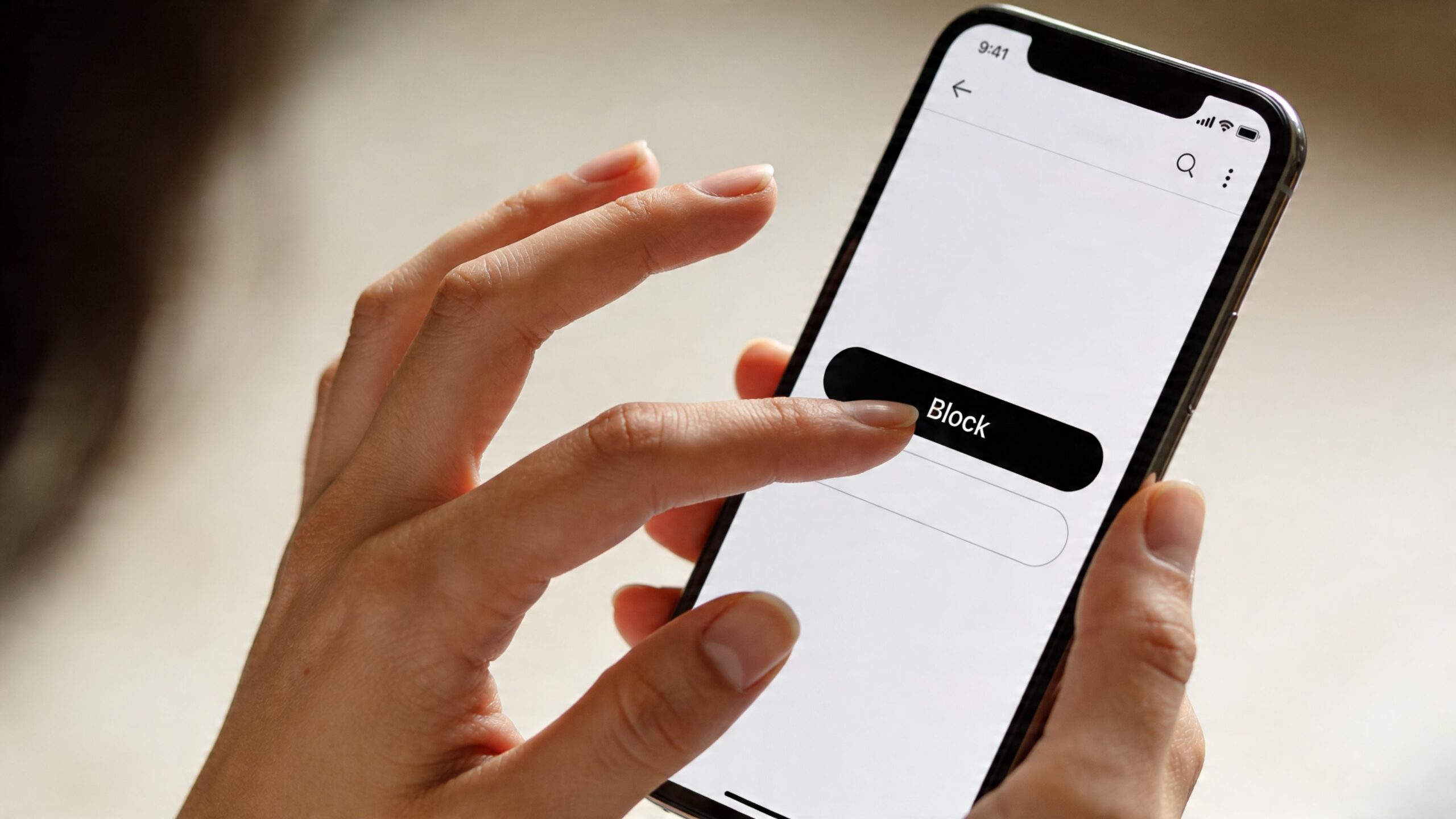 A person using a smartphone to select the block option while managing social media privacy settings.