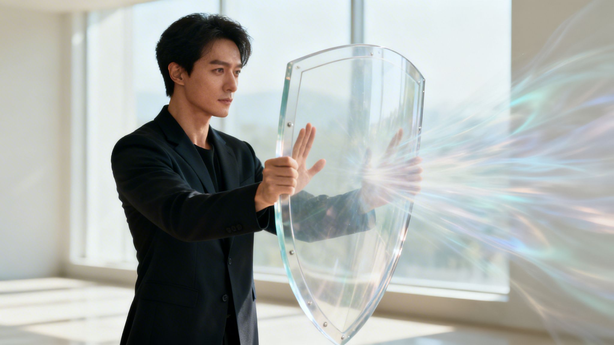 A man in a black suit standing in a modern office holding a transparent defensive energy shield.
