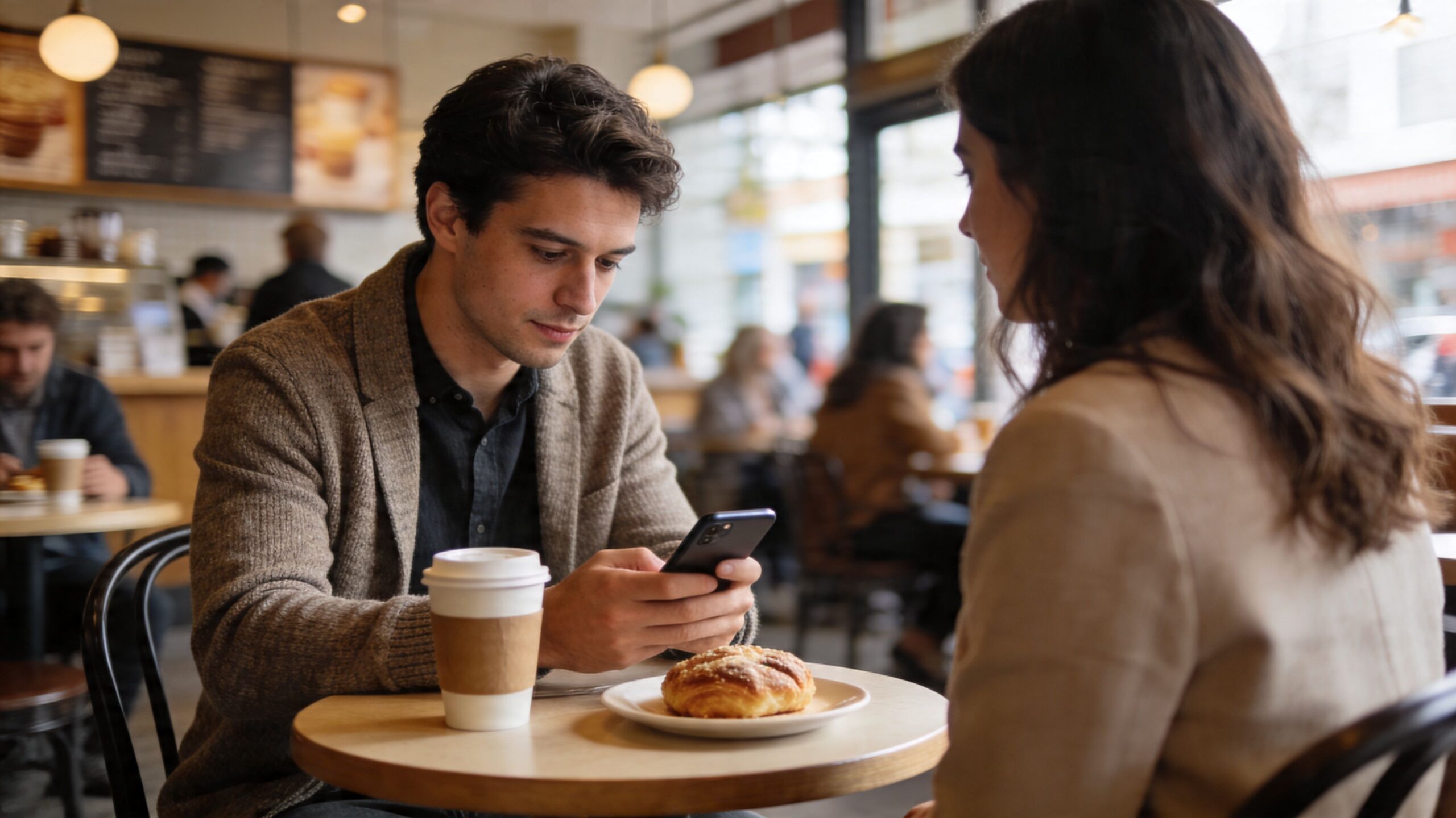 A young couple sit together at a cafe table while one looks at their smartphone.
