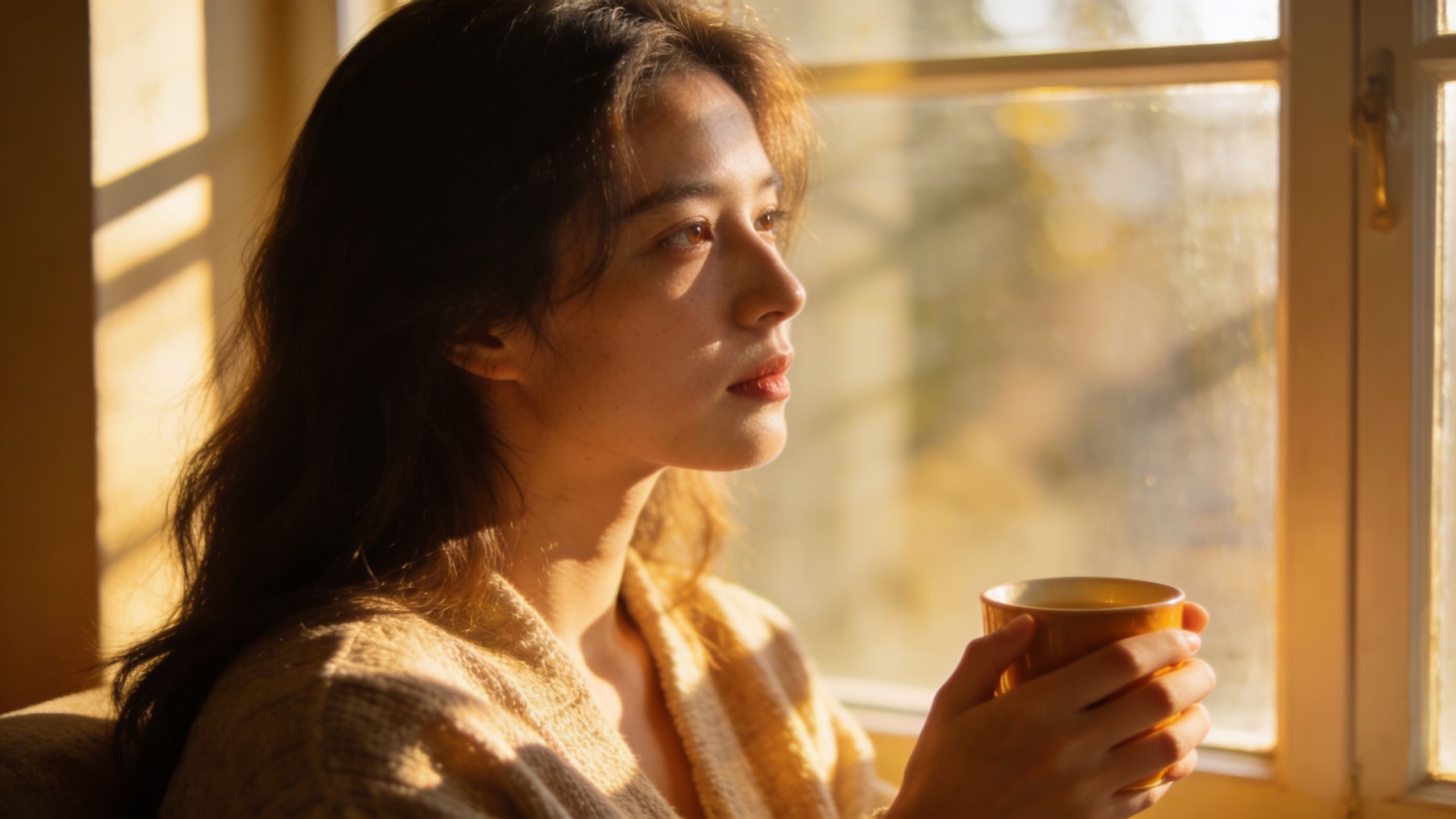 A woman looks out a sunlit window while holding a warm mug of tea, feeling contemplative.