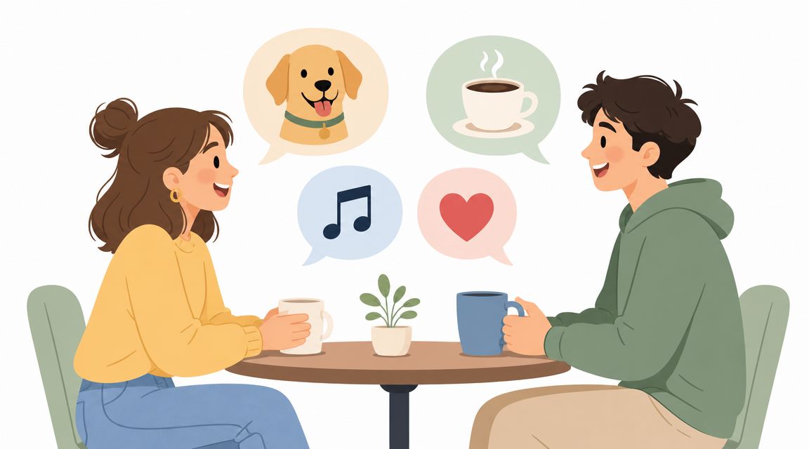 A young couple sitting at a cafe table having a friendly conversation with colorful thought bubbles above.