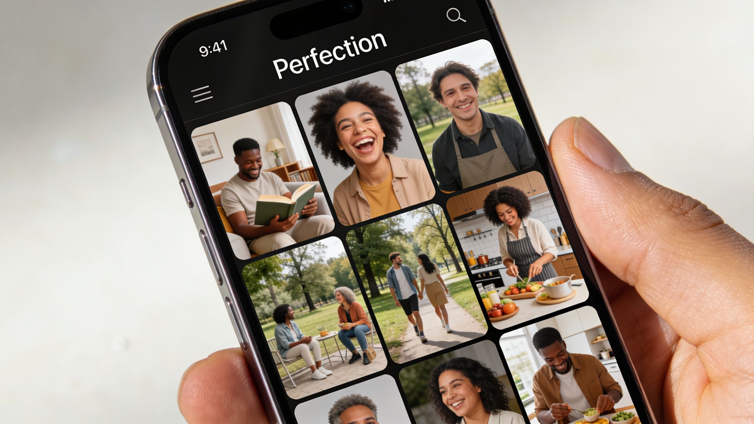 A hand holding a smartphone displaying a dating app with a grid of various profile pictures.
