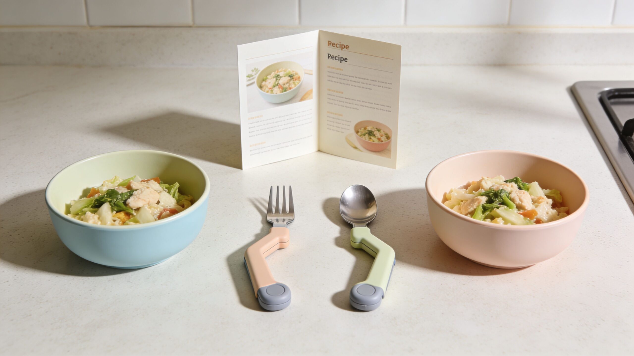 Two bowls of healthy food placed next to a matching spoon and fork on a kitchen counter.
