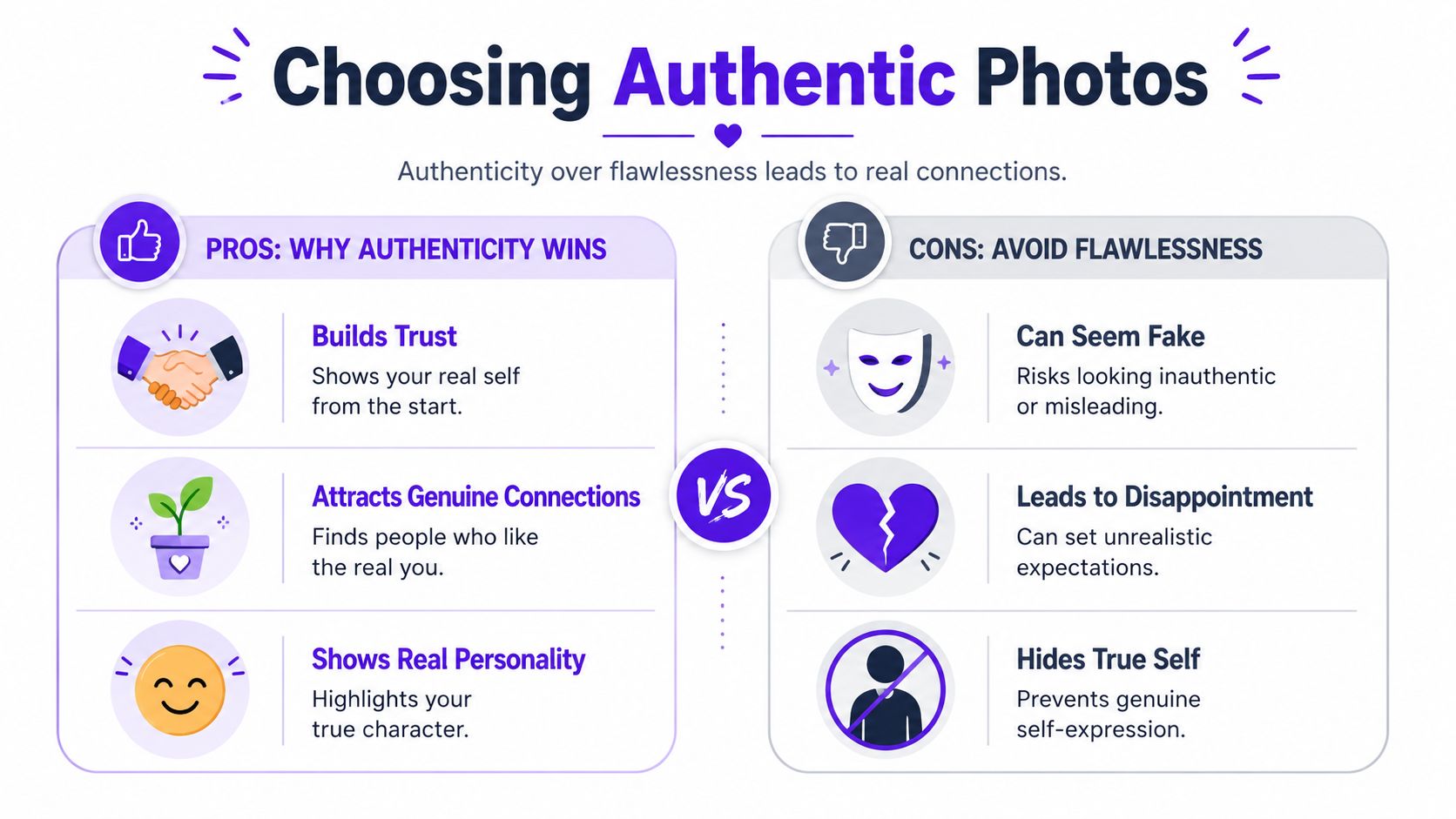 A comparison infographic showing pros of authentic photos versus cons of flawless photos in online dating.