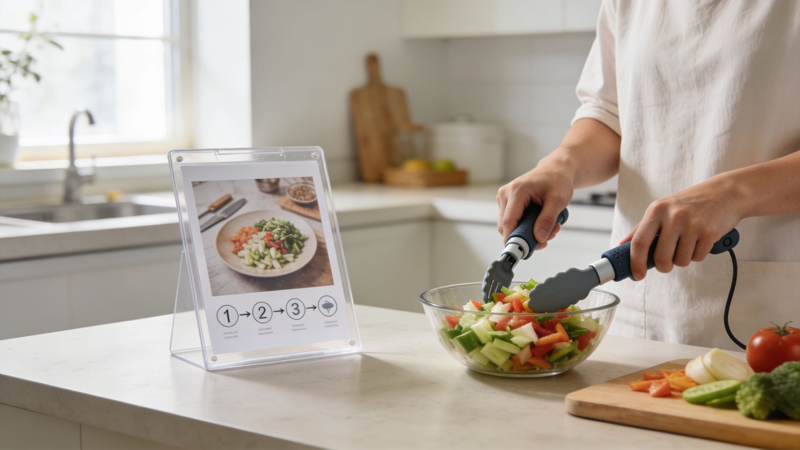 A person using kitchen tongs to mix fresh chopped vegetables in a glass salad bowl in a kitchen.